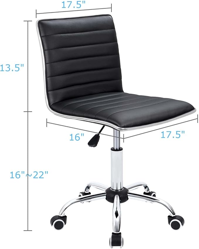 Furmax Vanity Office Desk Chair with Wheels, Armless Small Cute Leather Makeup Computer Task Chair Adjustable Height 360° Swivel (Black)