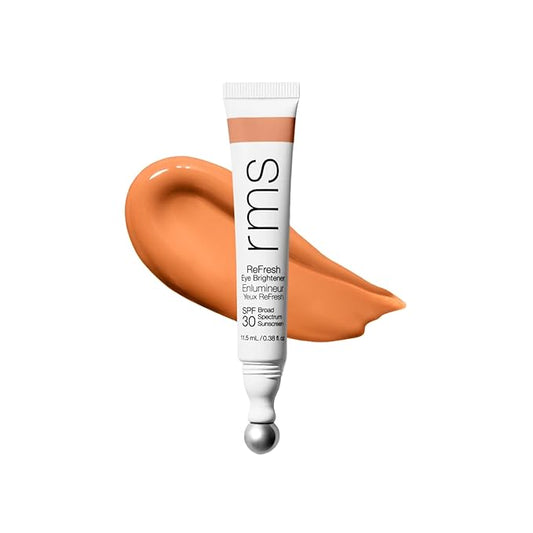 RMS Beauty Superbright Undereye Corrector – 100% Mineral SPF 30 Sunscreen – Brightening Eye Cream with Caffeine & Peptides – Tinted Depuffing Metal Rollerball – 0.4 fl oz