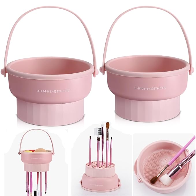 2 Pack Makeup Brush Cleaner Mat 3 in 1 Silicone Makeup Brush Cleaner Makeup Brush Cleaning Bowl Makeup Brush Sponge Scrubber Tool for Cleaning, Storage And Upside Down Drying（Two Pink)