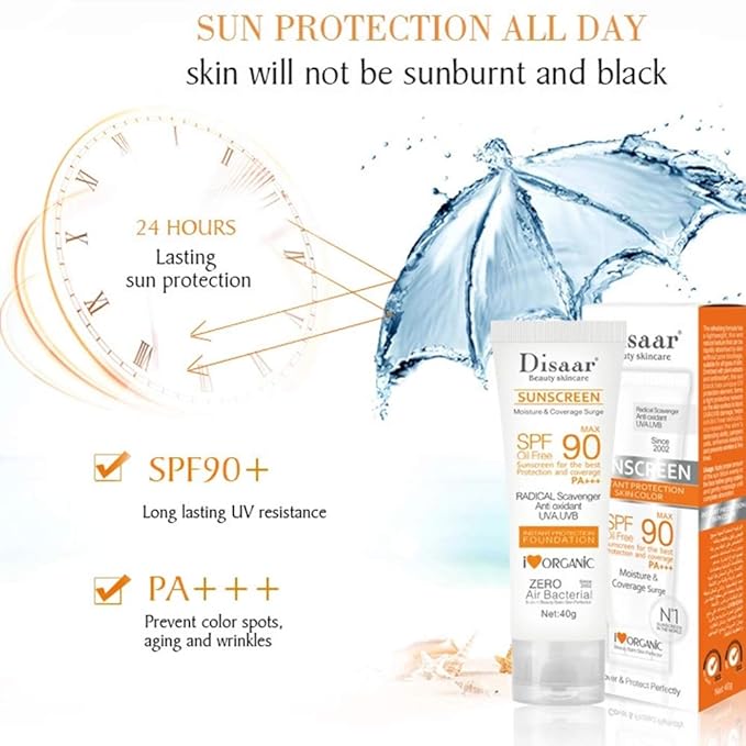 DISAAR BEAUTY Sunscreen SPF 90 PA+++, High Protection Oil-Free Sunblock with UVA/UVB Defense, Moisturizing and Lightweight Foundation Coverage, 40g (1.41oz)