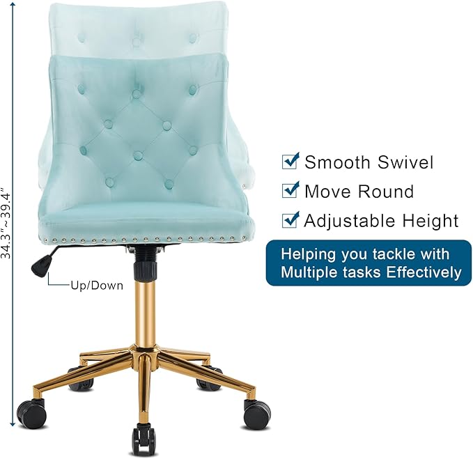 VINGLI Light Blue Armless Home Office Desk Chair with Gold Base/Wheels, Small Cute Vanity/Makeup Chair with Back for Bedroom, Upholstered Adjustable Rolling Swivel Nail Chair for Women/Girls