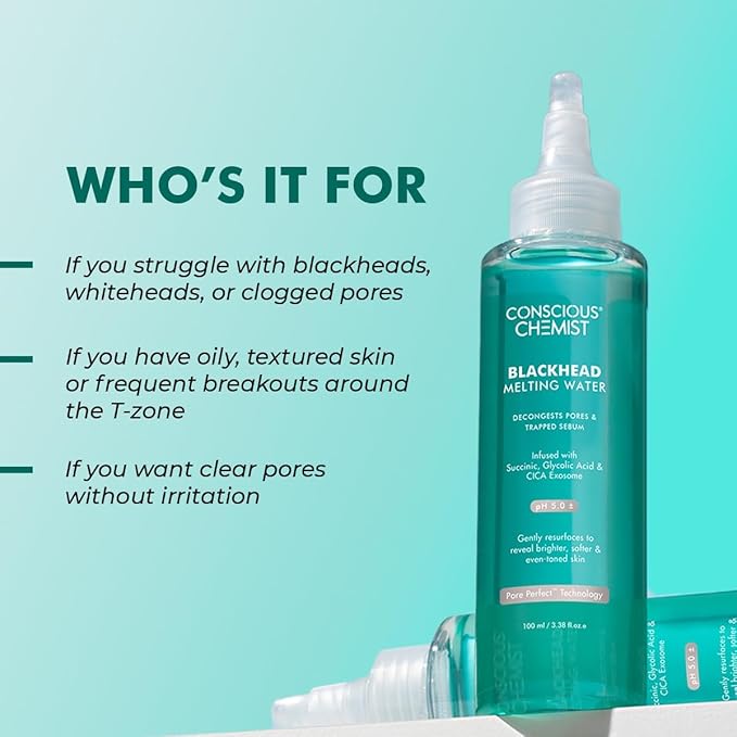 Concious Chemists Blackhead Melting Water | 100ml | Gentle Pore Treatment with Succinic, Glycolic Acid & CICA Exosome | Unclogs Pores, Dissolves Blackheads & Smoothens Skin | Toner for Men & Women