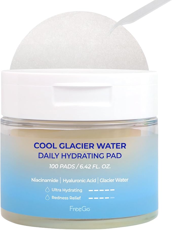 FreeGo Cool Glacier Water Daily Hydrating Pad (100 Pads), K-Beauty Korean Skincare Facial Toner Pads for Puffy Dehydrated Skin, Instant Cooling Hydration, Korean Skin Care for Dark Spots
