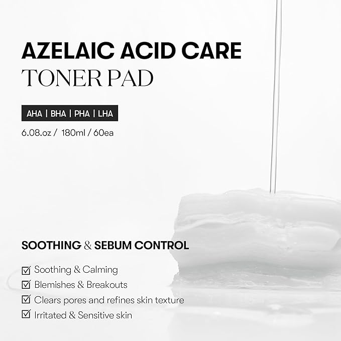 VT COSMETICS Azelaic Acid Care Toner Pad, Dual-Textured Facial Toner Pads for Exfoliation and Pore Care with AHA/BHA/PAH, Cica Exosome for Calming & Hydrating, Korean Skin Care (60 units)