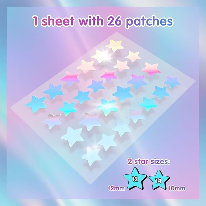 Heal & Conceal Pimple Patch, Cute Holographic Acne Patches For Face, Fun Hydrocolloid Zit Stickers For Breakouts (Holographic Stars - 26 count / 1 sheet)