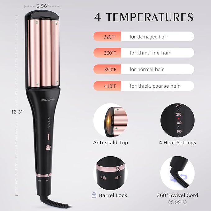 4 in 1 Crimper Hair Tool - Hair Waver with Adjustable Depths for 4 Wavy Styles, Beach Waves Curling Iron with 3 Ceramic Barrels, 4 Temperatures, Dual Voltage, Glove & Clips, for Women (Gold)