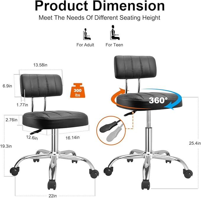 JOSTZHXIN Office Desk Chair with Wheels, Rolling Stool with Backrest Height Adjustable, Swivel Stool with Low Back Lumbar Support, Square PU Leather Swivel Chair with Back