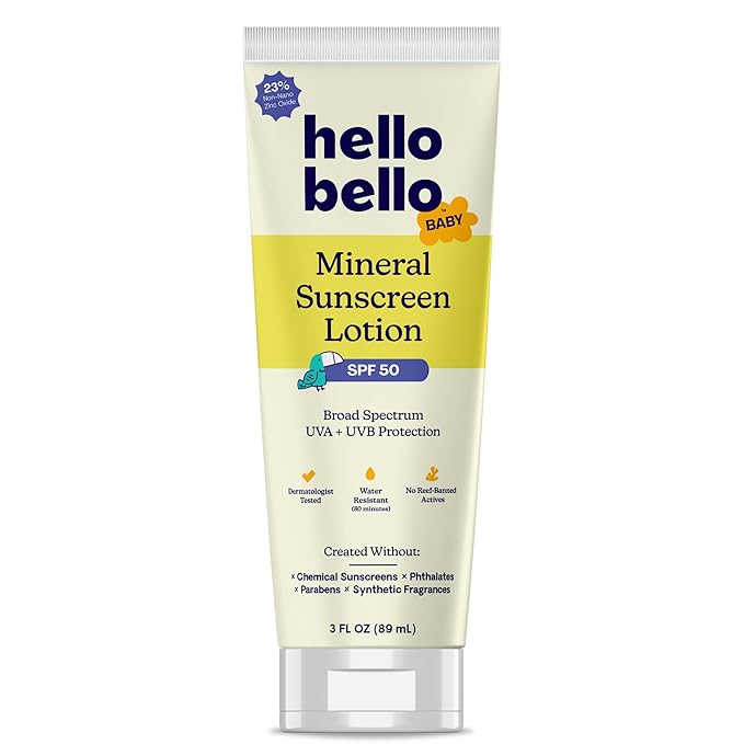 Hello Bello Baby Mineral SPF 50 Sunscreen Lotion with with Broad Spectrum UVA + UVB Protection, Water Resistant and Reef Friendly Sun Protection for Babies and Kids, 3 fl oz (Pack of 1)