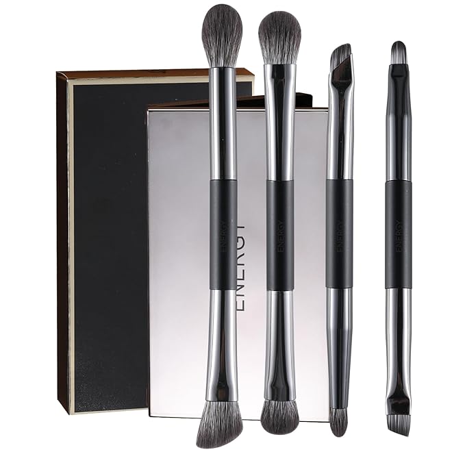 ENERGY Travel Eye Makeup Brush Set Eyeshadow Eyeliner Undereye Concealer Eyebrow Smudge Make Up Applicators for Liquid Cream Powder Blending Double ended Makeup Brushes with Case 4PCS
