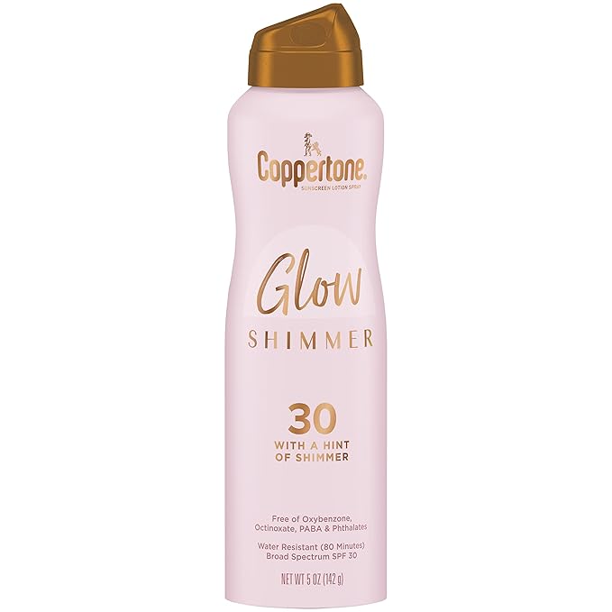 Coppertone Glow Shimmer Sunscreen Spray SPF 30, Water Resistant Broad Spectrum SPF 30 Spray Sunscreen, Free From Parabens, PABA, Phthalates, Octinoxate and Oxybenzone, 5 Oz Bottle, Pack of 2