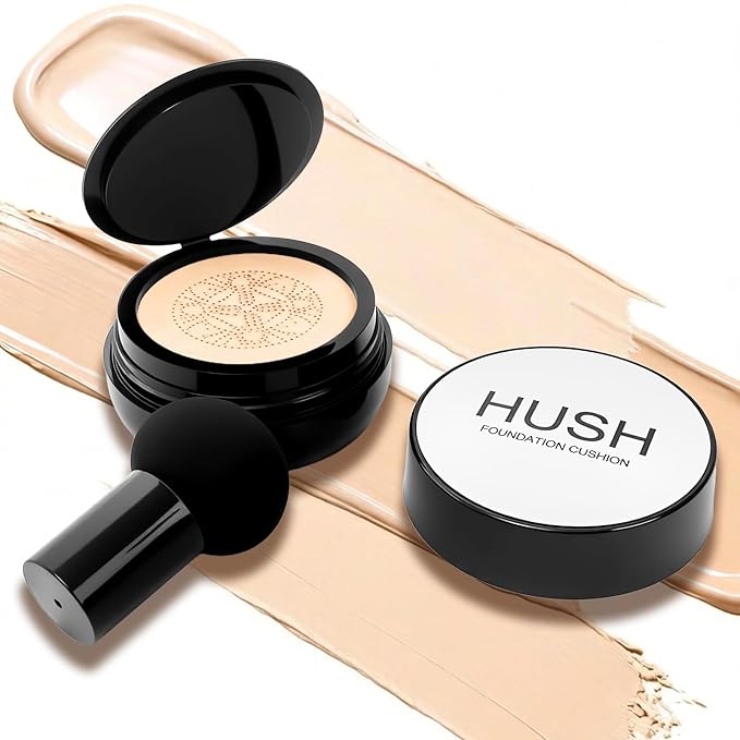 Hush makeup foundation -glow makeup foundation for older women – Korean Warm Tone CC Mushroom Air glow Foundation, Full Coverage Long-Lasting BB Cream cushion foundation, Natural Radiant Finish