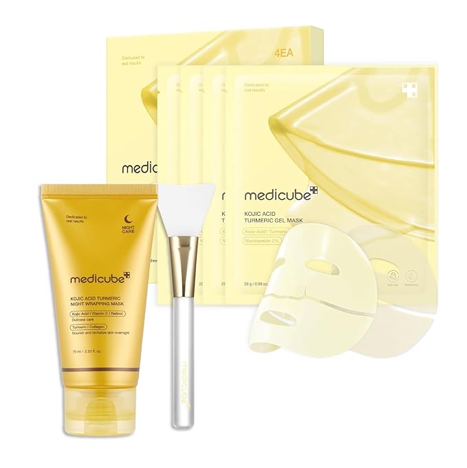 medicube All-Day Care for Deep Hydration & Skin Revival: Turmeric Overnight Wrapping Peel Off Mask 2.0 and Kojic Acid Turmeric Brightening Gold Jelly Gel Mask (4ea) and Jelly Brush