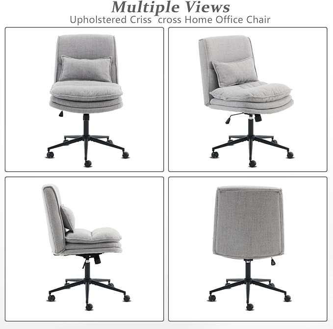 VINGLI Cloud Criss Cross Legged Chair,18" High Back Armless Home Office Desk Chair with Wheels,Wide Adjustable Comfy Padded Seat Task Computer Chair,Modern Swivel Makeup Vanity Chair,Fabric,Grey