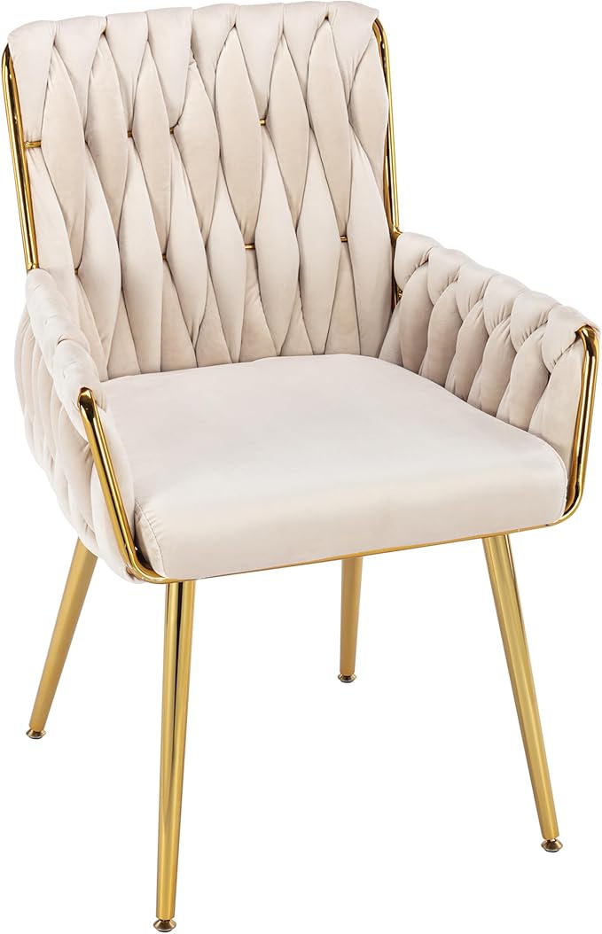 Westice Home Office Desk Chair 1PC, Upholstered Hand Weaving Desk Chairs with Golden Metal Legs & Armrest, Modern Accent Chairs for Dining Room, Living Room, Kitchen, Vanity, Beige