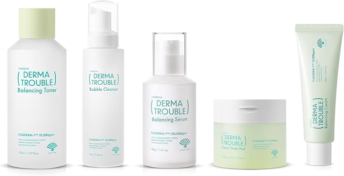 Derma Trouble AC Soothing Skincare Bundle — BHA Bubble Cleanser, Balancing Toner, Serum, Cream & Clear Toner Pads with Sebum-Control Complex for Blemish-Prone Skin, Pores/Blackheads/Whitehead