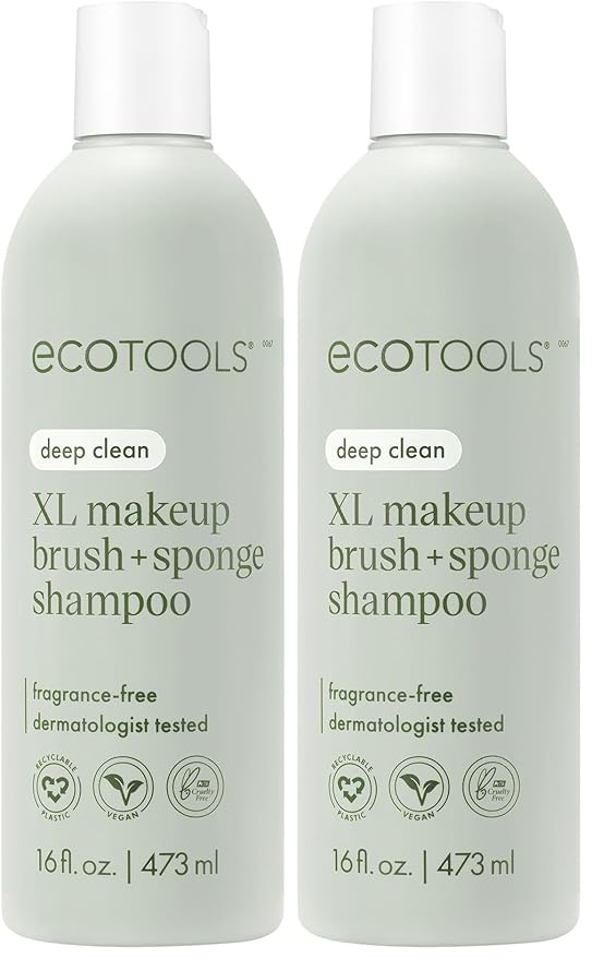 EcoTools XL Makeup Brush Sponge Shampoo, Removes Dirt, & Impurities From Makeup Brushes & Blending Sponges, Fragrance-Free, Vegan,&Cruelty-Free 16 fl. oz./473 ml, Clear(Pack of 2)