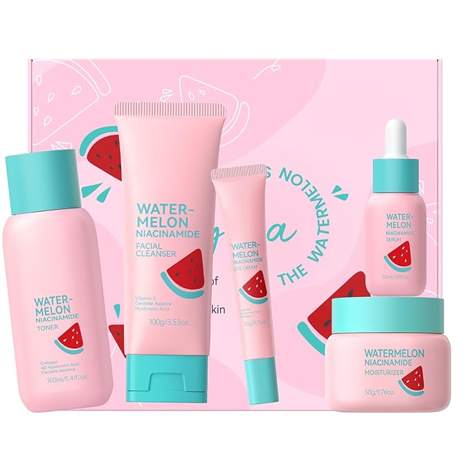 Watermelon Korean Style Skin Care Sets, Skin Care for Women Teens Girls, Beauty Skincare Gift Sets, with Facial Cleanser, Toner, Serum, Eye Cream, Moisturizer, Hydrates, Smoothes, Evens Skin tone