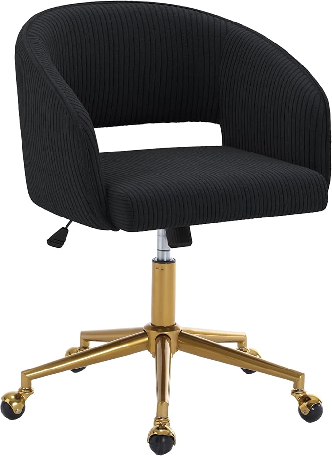 Home Office Swivel Desk Chair, Modern Corduroy Vanity Chair, Height Adjustable Armchair with Gold Base, Ergonomic Office Chair for Task Study Computer Room, Black