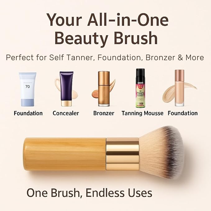 Kabuki Self Tanner Brush Ultra Soft Kabuki Makeup Brush for Face & Body, Flawless Self Tanning Tan Applicator for Liquid Cream Powder Foundation, Bronzer, Tanning Mousse & Shimmer Glow - Bamboo Handle