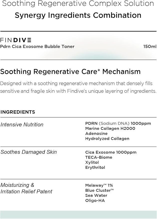 FINDIVE Official PDRN CICA Exosome Bubble Toner, PDRN (Sodium DNA) 1,000ppm, CICA Exosome 1,000ppm, Marin Collagen, Soothes, Regenerates Skin, Korean Skincare 5.07fl.oz