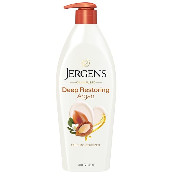 Jergens Deep Restoring Argan Oil Moisturizer, Soothing Body and Hand Lotion with Reviving Argan Oil and Vitamin E, Oil-Infused, Dermatologist Tested, 16.8 oz