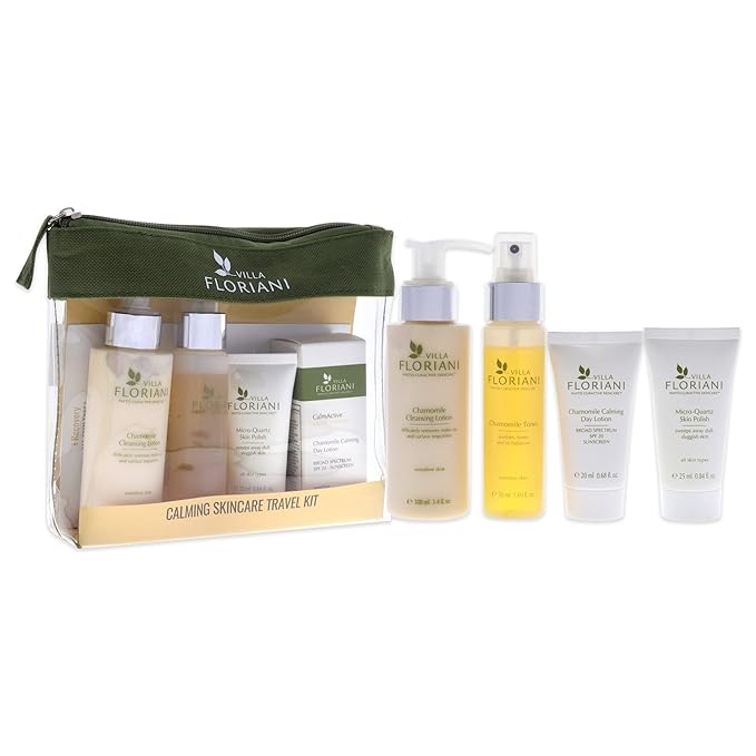 Villa Floriani Calming Skincare Travel Kit Women 3.4oz Chamomile Cleansing Lotion, 1.69oz Chamomile Toner, 0.68oz Chamomile Calming Day Lotion SPF 20 6 Pc