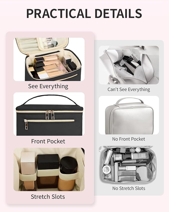 Wandering Nature Large Makeup Bag, Travel Make Up Organizer Cosmetic Brush Bags Case for Women in Fabric,Black,Patent Pending