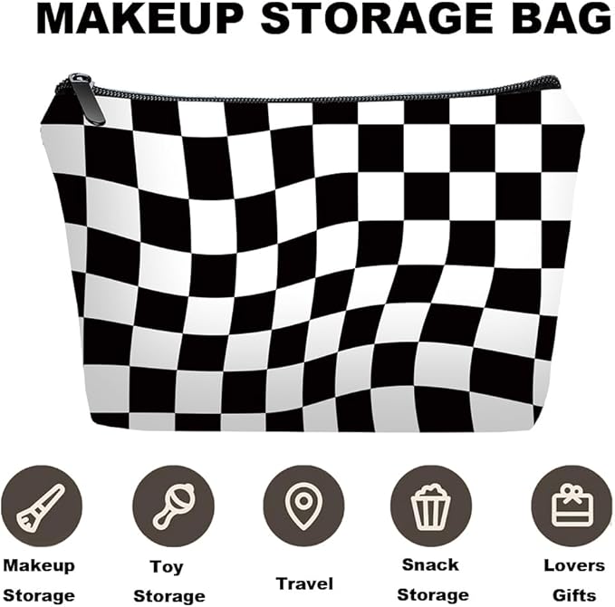 Personalized Black Checkered Makeup Bag set with Mirror for Women,Black Checkerboard travel Cosmetic bag kit with10 pieces pink brush set,Checkered Gifts for Girls Mom femal Friends