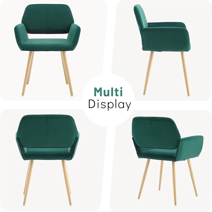 KCC Small Modern Dining Room Arm Chairs 1 Piece, Mid-Century Upholstered Velvet Side Seat Club Guest with Metal Tube Legs for Kitchen, Living Room, Green