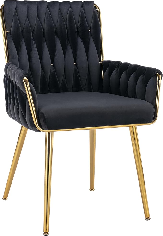 ABET Office Desk Chair No Wheels, Woven Velvet Vanity Chair with Back & Armrest, Comfy Upholstered Cute Gold Metal Legs Makeup Aesthetic Armchair for Girls & Women Bedroom, Nail Spa, Black