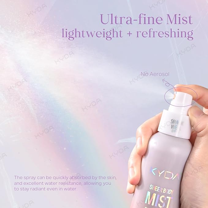 KYDA Sheer Body Sunscreen Mist, SPF 45, Radiant Glow Sunscreen Spray, Infused with Shimmer Body Oil, Ultra-fine Glowing Mist, Quick Drying, Lightweight Hydrating Spray, ROSE, 4.06 fl oz