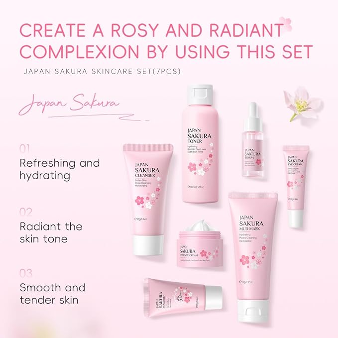 Sakura Skin Care Set, 7 Pcs Sakura Skin Care Kit with Cleanser, Toner, Serum, Eye Cream, Face Cream, Mud Mask and Sunscreen, Moisturizing Travel Size Skincare Set, Christmas Gifts for Women Girls