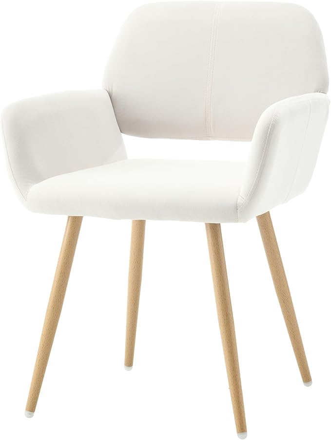 Home Office Velvet Desk Chair, Makeup Vanity Chair, Comfy Accent Armchair with Wood Grain Metal Legs, Cute Dining Chair with Hollowed Back, Beige