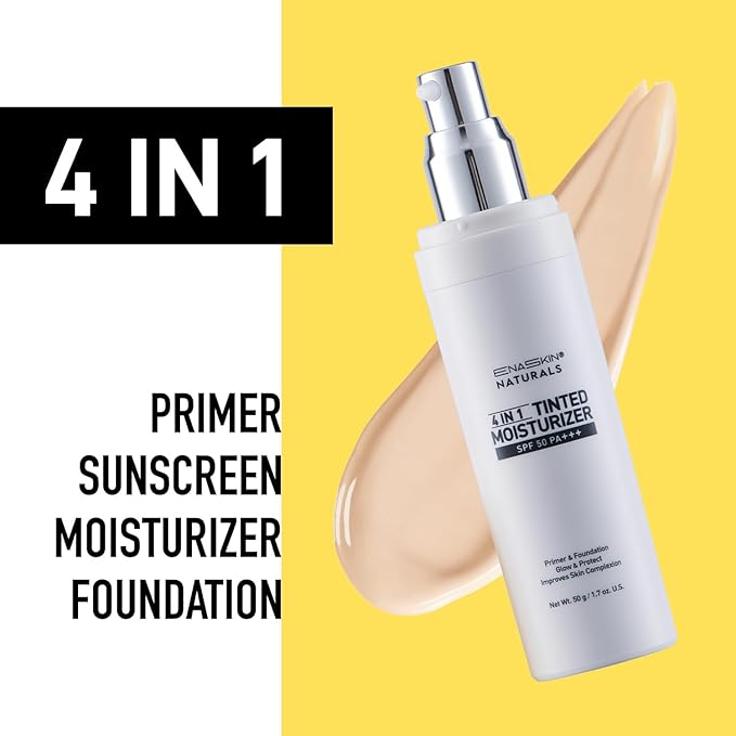ENASKIN NATURALS 4-in-1 Tinted Moisturizer with SPF 50, Mineral Sunscreen & Primer with Zinc Oxide, Lightweight Skin Tint for Glowy Finish & Even Complexion, Universal Sheer Tint, 1.7 fl oz