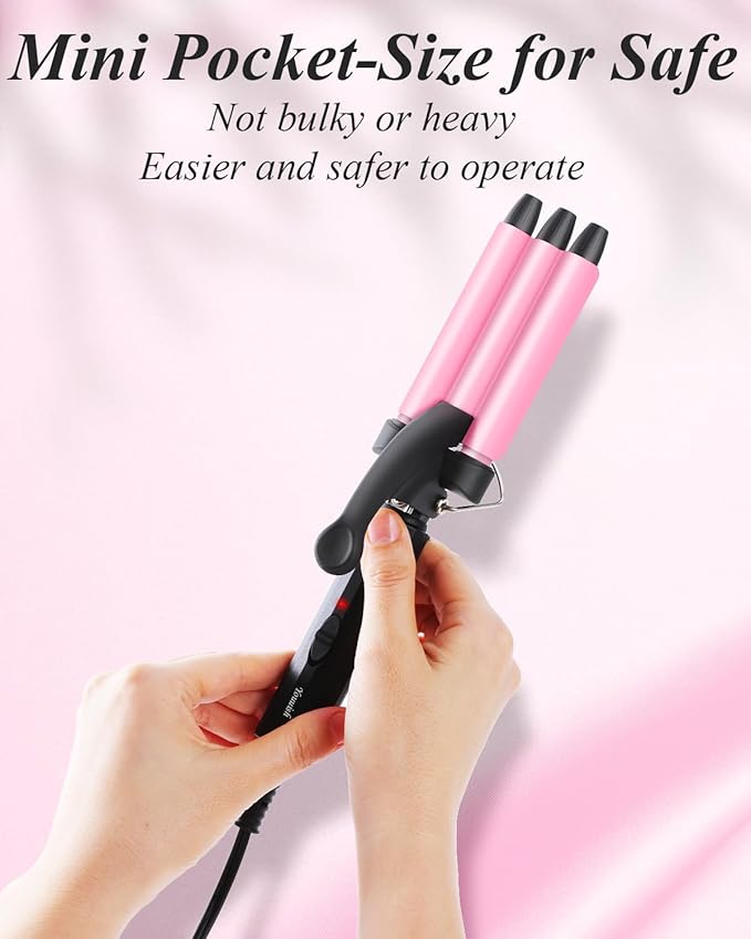 Mini Hair Crimper 1/2 Inch, Small 3 Barrel Curling Iron Hair Waver Dual Voltage for Home and Travel, Triple Ceramic Tiny Barrels Create Natural Tight Beachy Waves, Pink