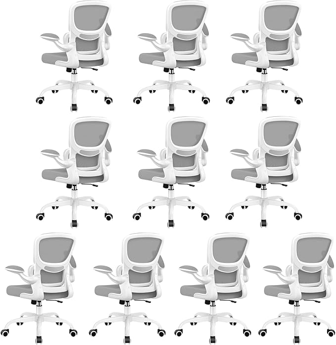 Office Chair Ergonomic Desk Chair, Breathable Mesh Comfy Chair with Lumbar Support, Home Desk Chair with Flip-up Armrests, Gaming Chair for Adults Home Office (LightGray,10Pack)