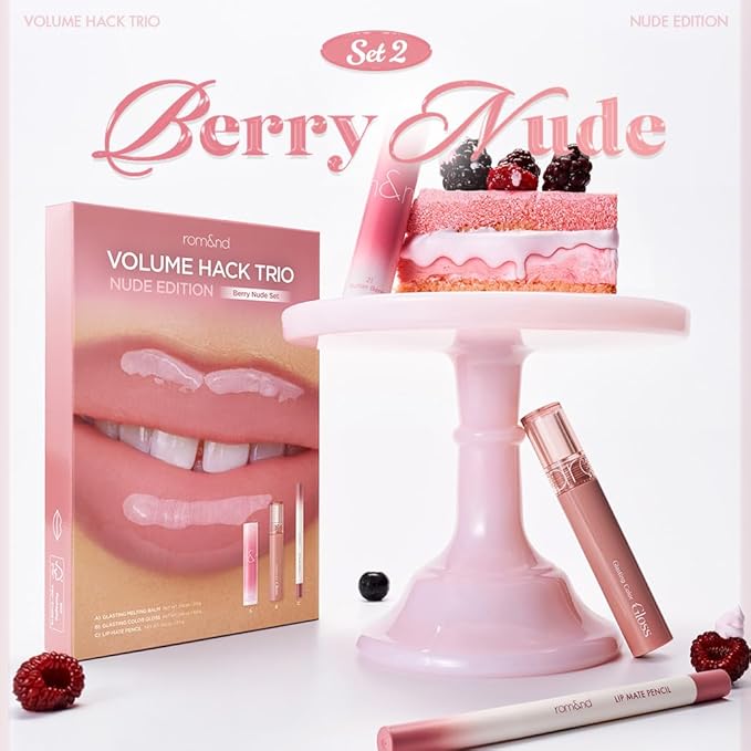 rom&nd Volume Hack Trio Berry Nude Set | 3-Step Plumping Lip Kit for Defined, High-Shine Lips | TikTok Viral Cool-Tone Gradient