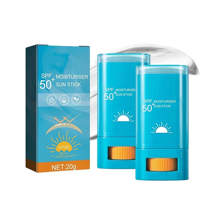 Moisturizing Sunscreen Stick SPF 50+, Korean Sunscreen Stick for Face & Body, Water Resistant & Lightweight, Effective UV Protection Sunblock Sticks for All Skin Types, No Cast White, 0.7 Oz (2pc)