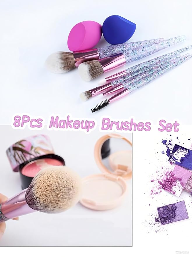 6-Piece Makeup Brush Set with 2 Beauty Sponges & Bling Crystal Handle - Daily Essential Cosmetic Brushes Kit for Professional Foundation, Concealer, Eyeshadow, Powder Blush(Purple)