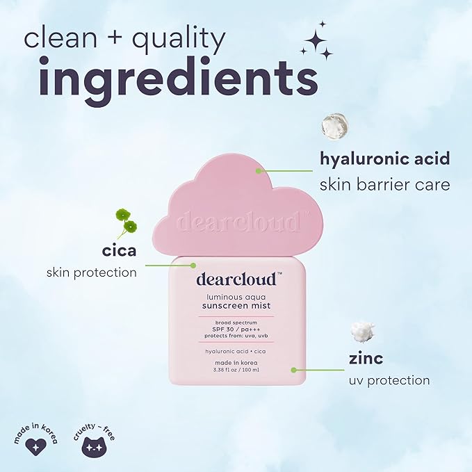 dearcloud Luminous Aqua Sun Mist SPF 30 – Cica & Hyaluronic Acid – Korean Sunscreen – Spray Sunscreen for Face & Body (3.38 Fl oz)