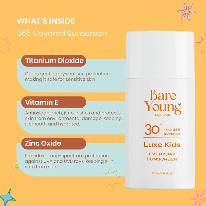 Bare Young 365 Covered Everyday Sun-screen, Zinc Oxide and Titanium Dioxide, Quick-Absorb Facial Sunscreen with No White Cast, Kids SPF 30 Face Sunscreen, Vegan Plant-Based Skincare for kids