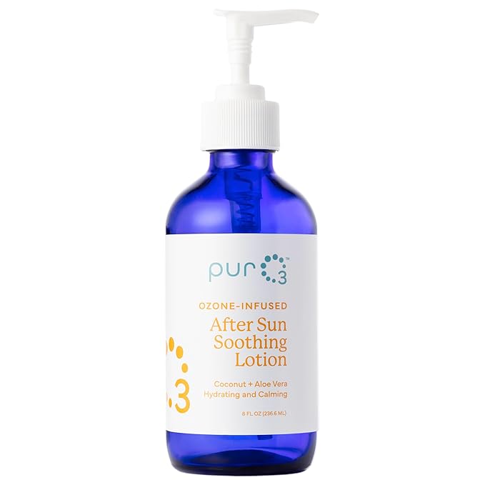 PurO3 Sun Repair Lotion – After Sun Care with Ozonated Coconut Oil & Aloe Vera – Sunburn Relief & Moisturizer for Face & Body – Cool Hydration for Sun-Damaged Skin, 8 Fl Oz Size