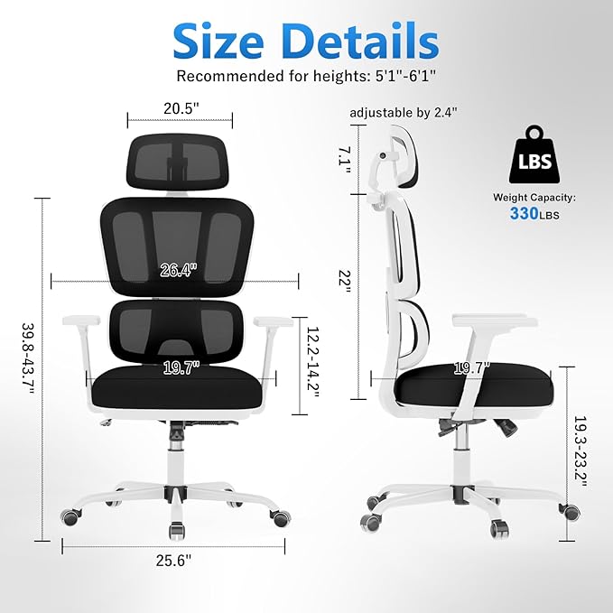 Office Chair Ergonomic Desk Chair with Lumbar Support and Headrest, Thick Cushion Mesh Computer Chair with Armrest and Tilt Lock, High Back Home Office Desk Chairs for Men Women