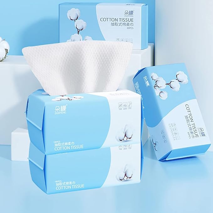Cotton Facial Dry Wipes 100 Count, Deeply Cleansing Disposable Face Towel Wash Cloth, Multi-Purpose for Skin Care, Make-up Wipes and Facial Cleansing (4 Pack)