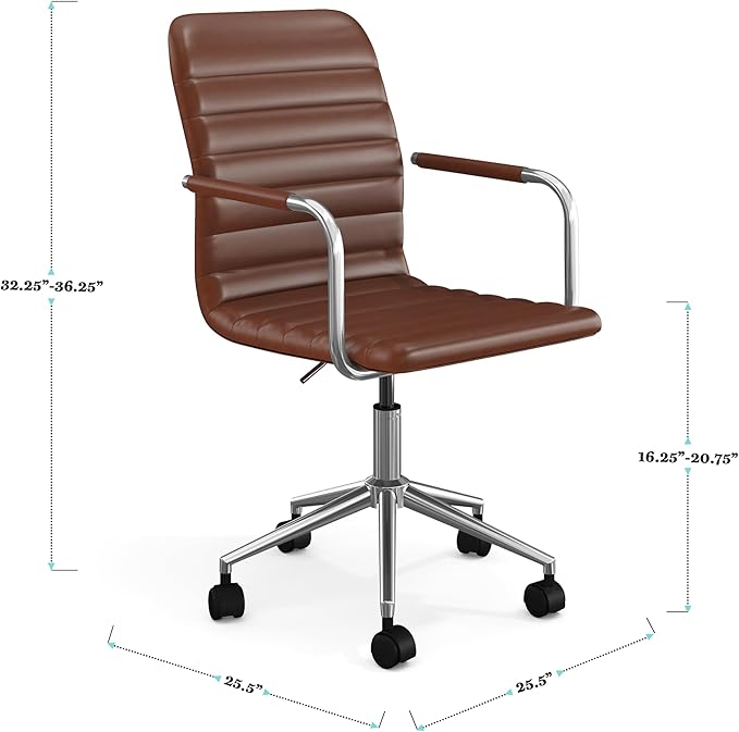 Martha Stewart Taytum Swivel Task Chair with Armrests for Home Office in Saddle Brown Faux Leather with Polished Nickel Frame