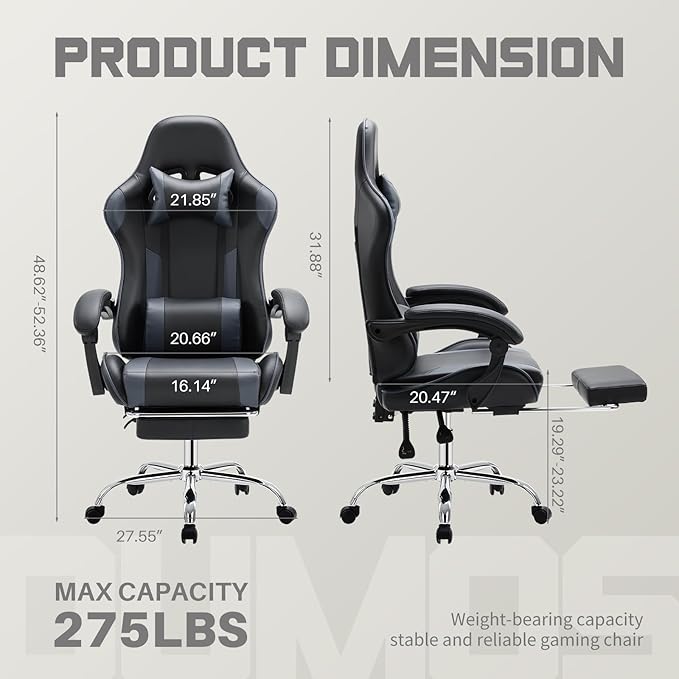 NEWBULIG Gaming Chair with Footrest – Ergonomic High-Back with Lumbar & Headrest Support, Comfy PU Leather Recliner with Linkage Armrests, Adjustable Height, 360° Swivel, Grey