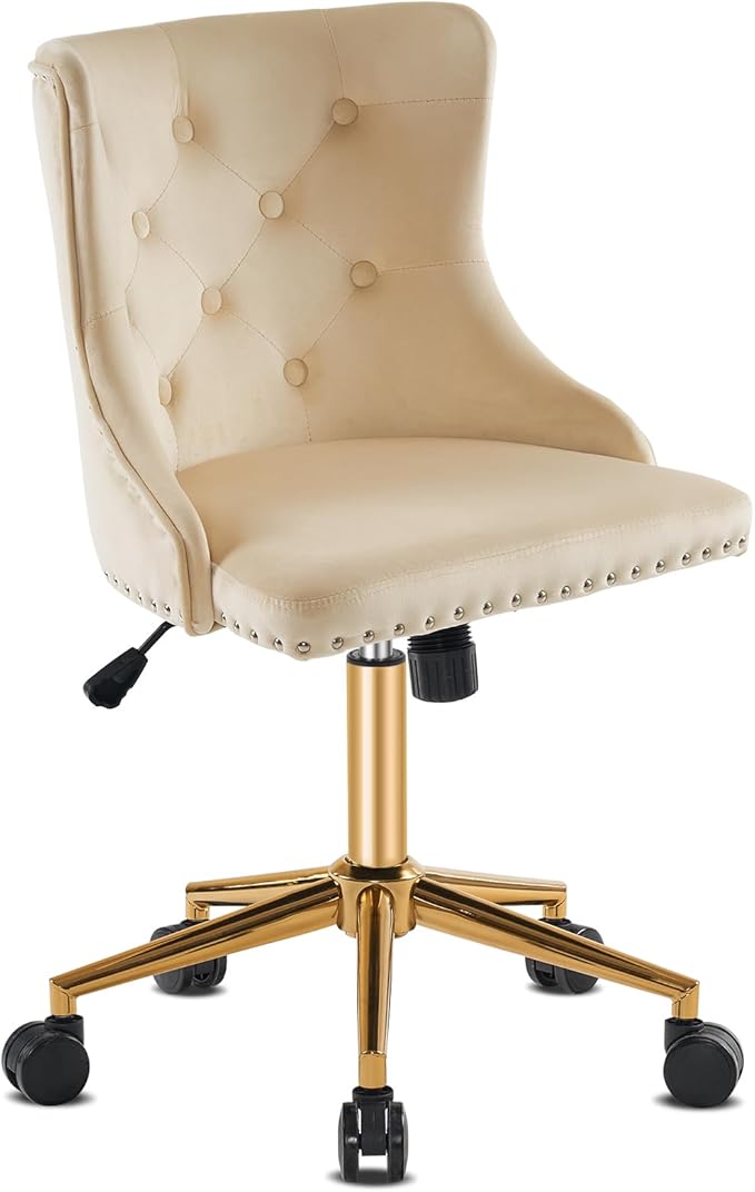 VINGLI Beige Velvet Armless Home Office Desk Chair with Gold Base/Wheels, Small Cute Vanity/Makeup Chair with Back for Bedroom, Upholstered Adjustable Rolling Swivel Nail Chair for Women/Girls