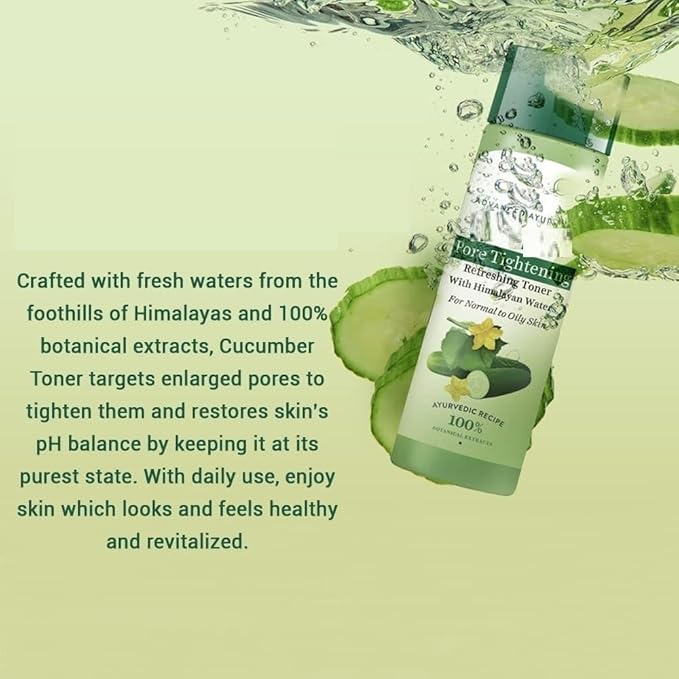 Cucumber Pore Tightening Toner| Ayurvedic and Organically Pure| Maintains Skin’s Natural pH |100% Botanical Extracts| Suitable for Normal & Oily Skin Types| 120m, 4.05 Fl Oz