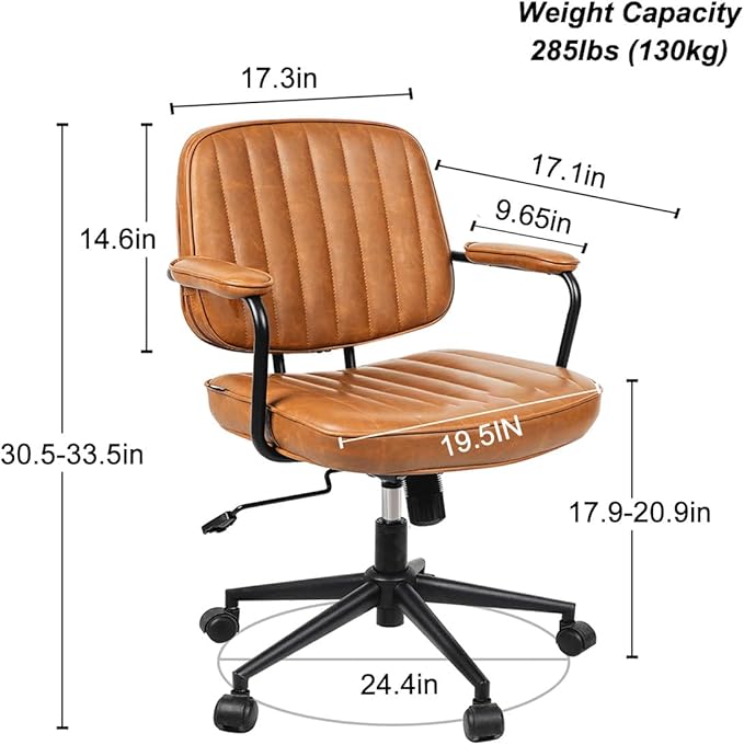 Artswish Mid Century Office Chair - Leather Desk Chair with Wheels, Arms, Swivel & Height Adjustable Ergonomic Computer Chair for Home Office, Brown