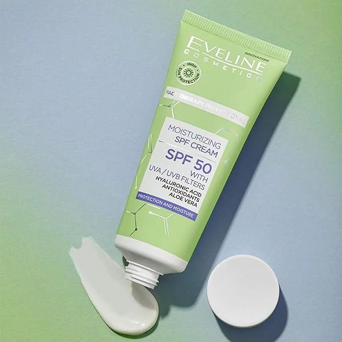 EVELINE COSMETICS Daily Moisturiser with SPF 50 – Face Cream with UVA/UVB Protection – Hydrating & Nourishing Formula for Dry and Sensitive Skin – 30ml